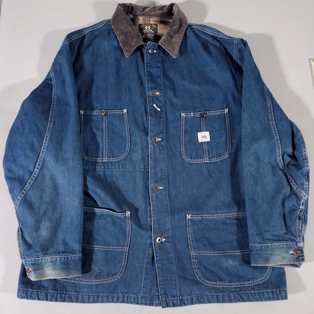 RRL Ralph Lauren Chore Coat Mens XL Blue Denim Flannel Lined Corduroy Collar